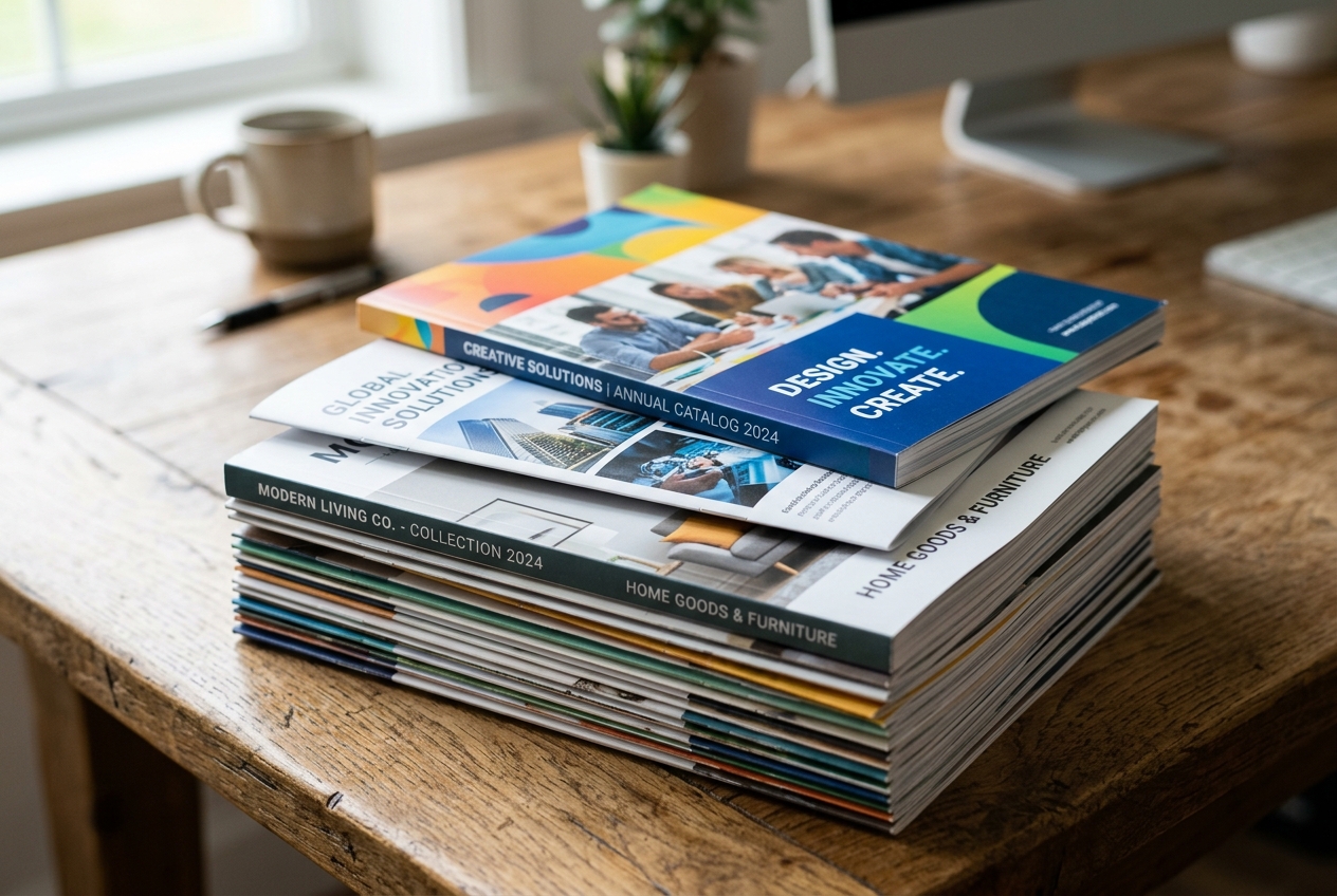 Offset printed booklets and flyers stack